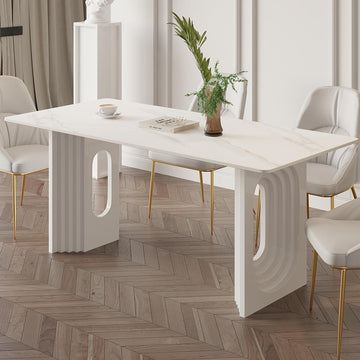 63" Modern Dining Table White Faux Marble Top for 6 Person Double Pedestal Base